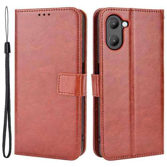For Realme V20 5G Drop-proof Phone Wallet Case Anti-scratch Crazy Horse Texture PU Leather Stand Cover Protective Shell - Brown