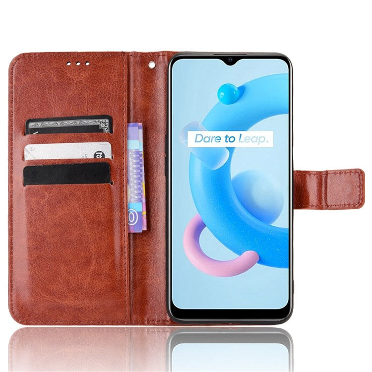 For Realme V20 5G Drop-proof Phone Wallet Case Anti-scratch Crazy Horse Texture PU Leather Stand Cover Protective Shell - Brown