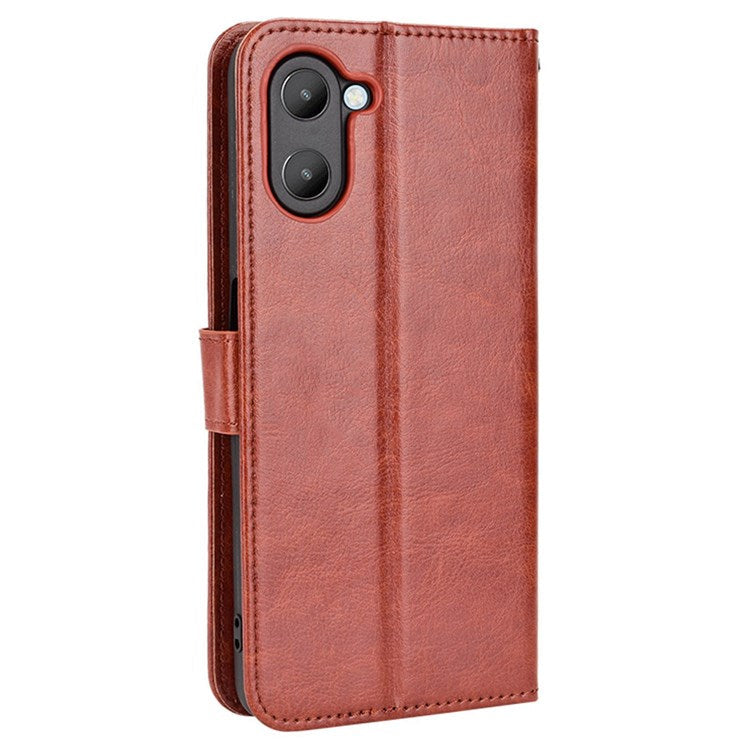 For Realme V20 5G Drop-proof Phone Wallet Case Anti-scratch Crazy Horse Texture PU Leather Stand Cover Protective Shell - Brown