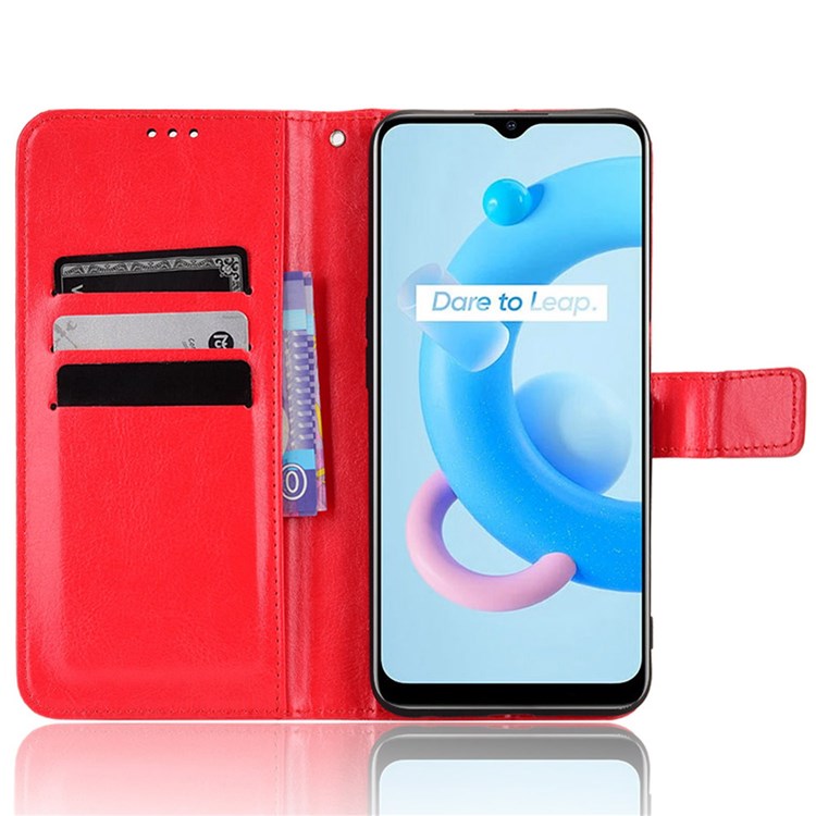 For Realme V20 5G Drop-proof Phone Wallet Case Anti-scratch Crazy Horse Texture PU Leather Stand Cover Protective Shell - Red