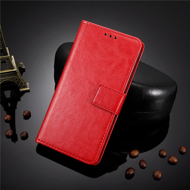For Realme V20 5G Drop-proof Phone Wallet Case Anti-scratch Crazy Horse Texture PU Leather Stand Cover Protective Shell - Red