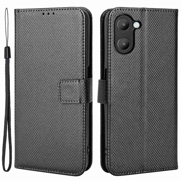 For Realme V20 5G Shockproof Phone Wallet Case Diamond Texture PU Leather Anti-scratch Phone Cover with Wrist Strap - Black