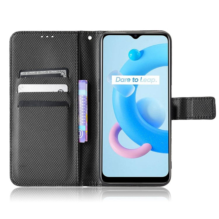 For Realme V20 5G Shockproof Phone Wallet Case Diamond Texture PU Leather Anti-scratch Phone Cover with Wrist Strap - Black