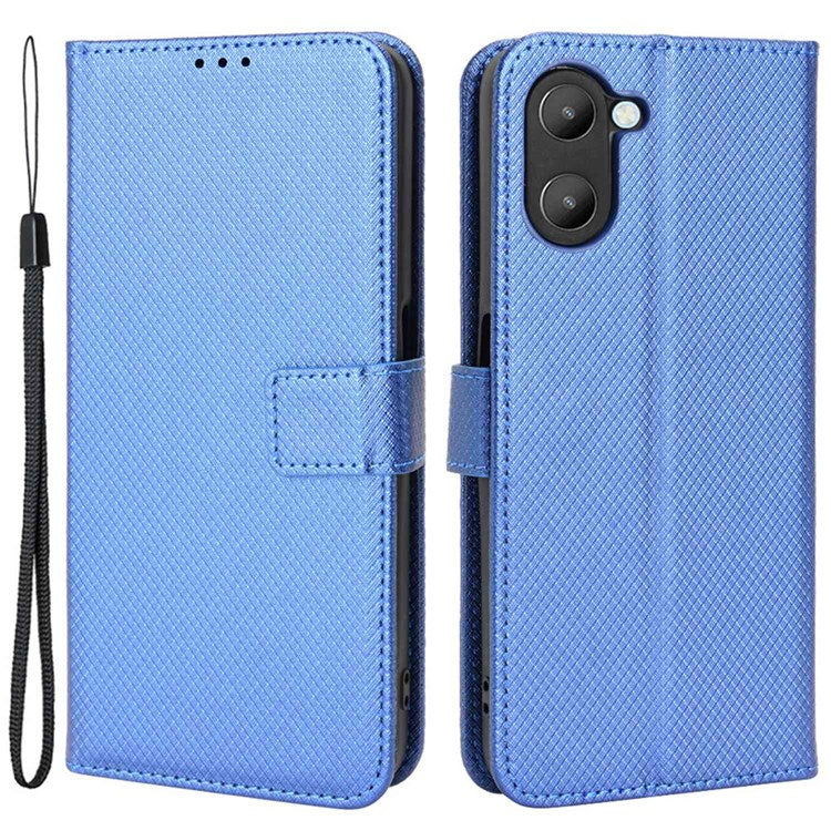 For Realme V20 5G Shockproof Phone Wallet Case Diamond Texture PU Leather Anti-scratch Phone Cover with Wrist Strap - Blue