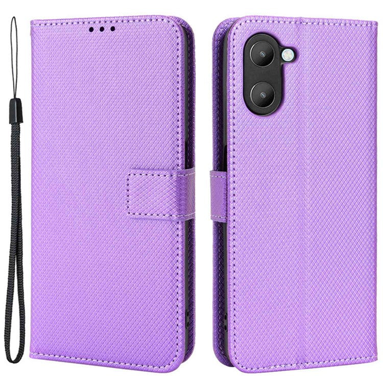 For Realme V20 5G Shockproof Phone Wallet Case Diamond Texture PU Leather Anti-scratch Phone Cover with Wrist Strap - Purple