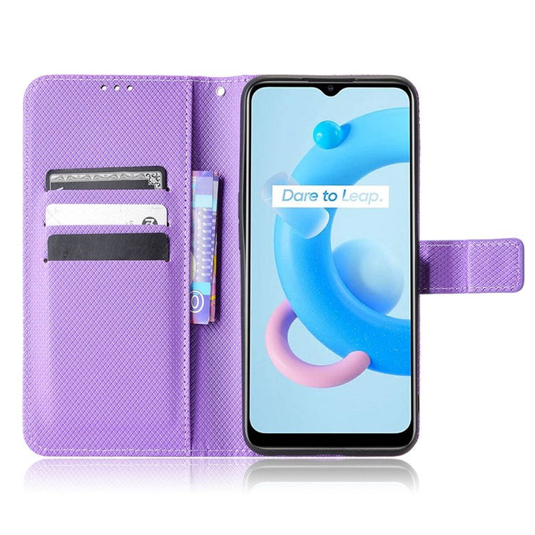 For Realme V20 5G Shockproof Phone Wallet Case Diamond Texture PU Leather Anti-scratch Phone Cover with Wrist Strap - Purple