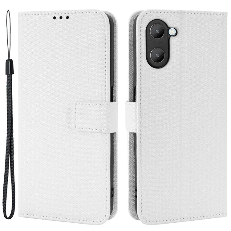 For Realme V20 5G Shockproof Phone Wallet Case Diamond Texture PU Leather Anti-scratch Phone Cover with Wrist Strap - White