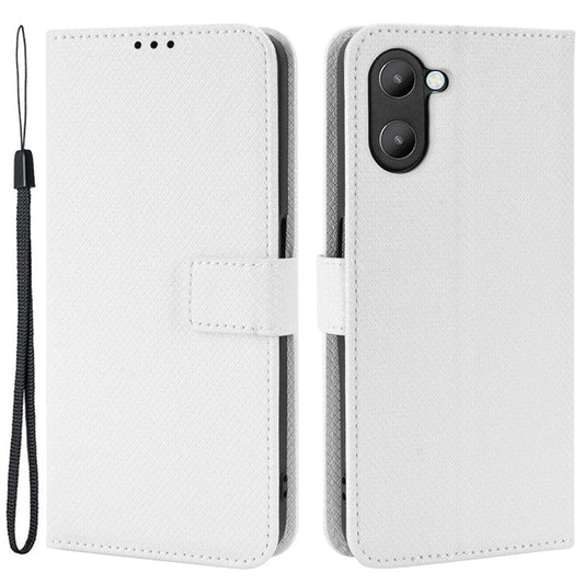 For Realme V20 5G Shockproof Phone Wallet Case Diamond Texture PU Leather Anti-scratch Phone Cover with Wrist Strap - White