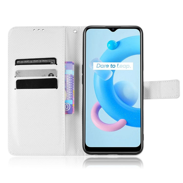 For Realme V20 5G Shockproof Phone Wallet Case Diamond Texture PU Leather Anti-scratch Phone Cover with Wrist Strap - White
