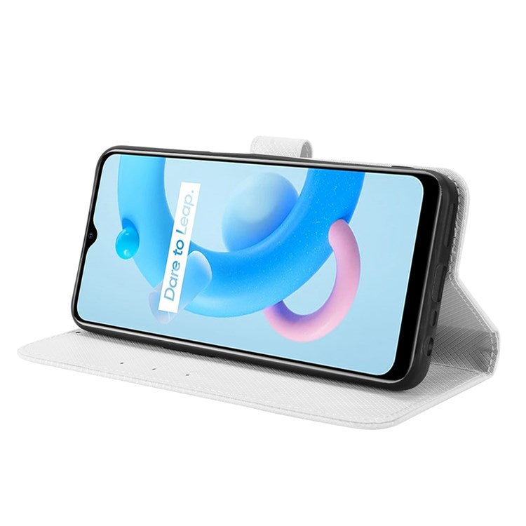 For Realme V20 5G Shockproof Phone Wallet Case Diamond Texture PU Leather Anti-scratch Phone Cover with Wrist Strap - White