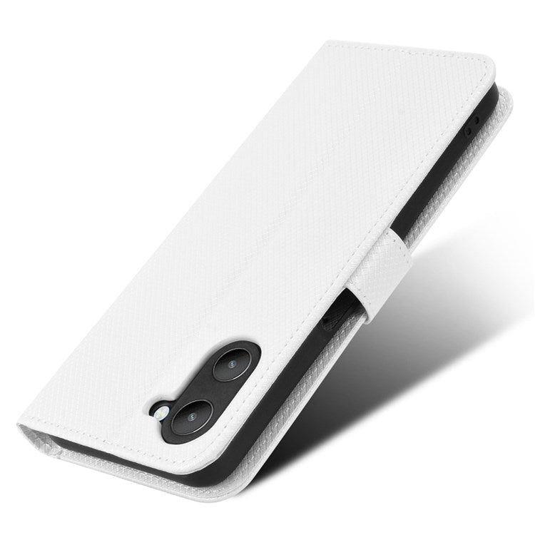 For Realme V20 5G Shockproof Phone Wallet Case Diamond Texture PU Leather Anti-scratch Phone Cover with Wrist Strap - White