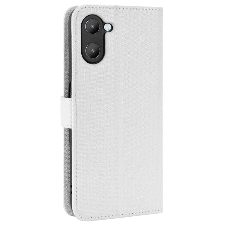 For Realme V20 5G Shockproof Phone Wallet Case Diamond Texture PU Leather Anti-scratch Phone Cover with Wrist Strap - White