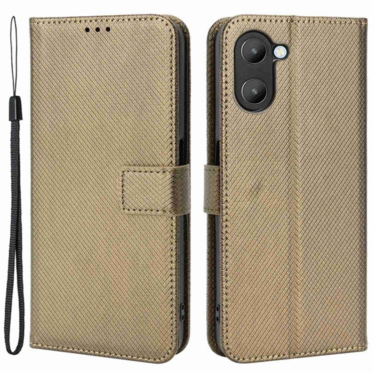 For Realme V20 5G Shockproof Phone Wallet Case Diamond Texture PU Leather Anti-scratch Phone Cover with Wrist Strap - Brown