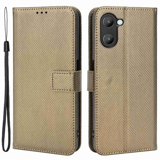 For Realme V20 5G Shockproof Phone Wallet Case Diamond Texture PU Leather Anti-scratch Phone Cover with Wrist Strap - Brown