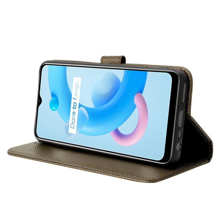 For Realme V20 5G Shockproof Phone Wallet Case Diamond Texture PU Leather Anti-scratch Phone Cover with Wrist Strap - Brown