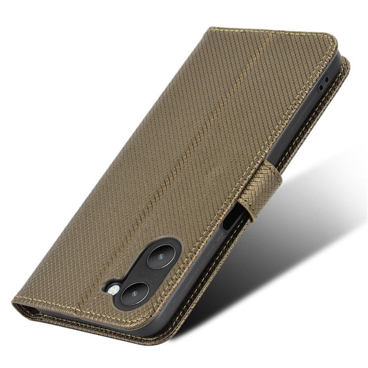 For Realme V20 5G Shockproof Phone Wallet Case Diamond Texture PU Leather Anti-scratch Phone Cover with Wrist Strap - Brown