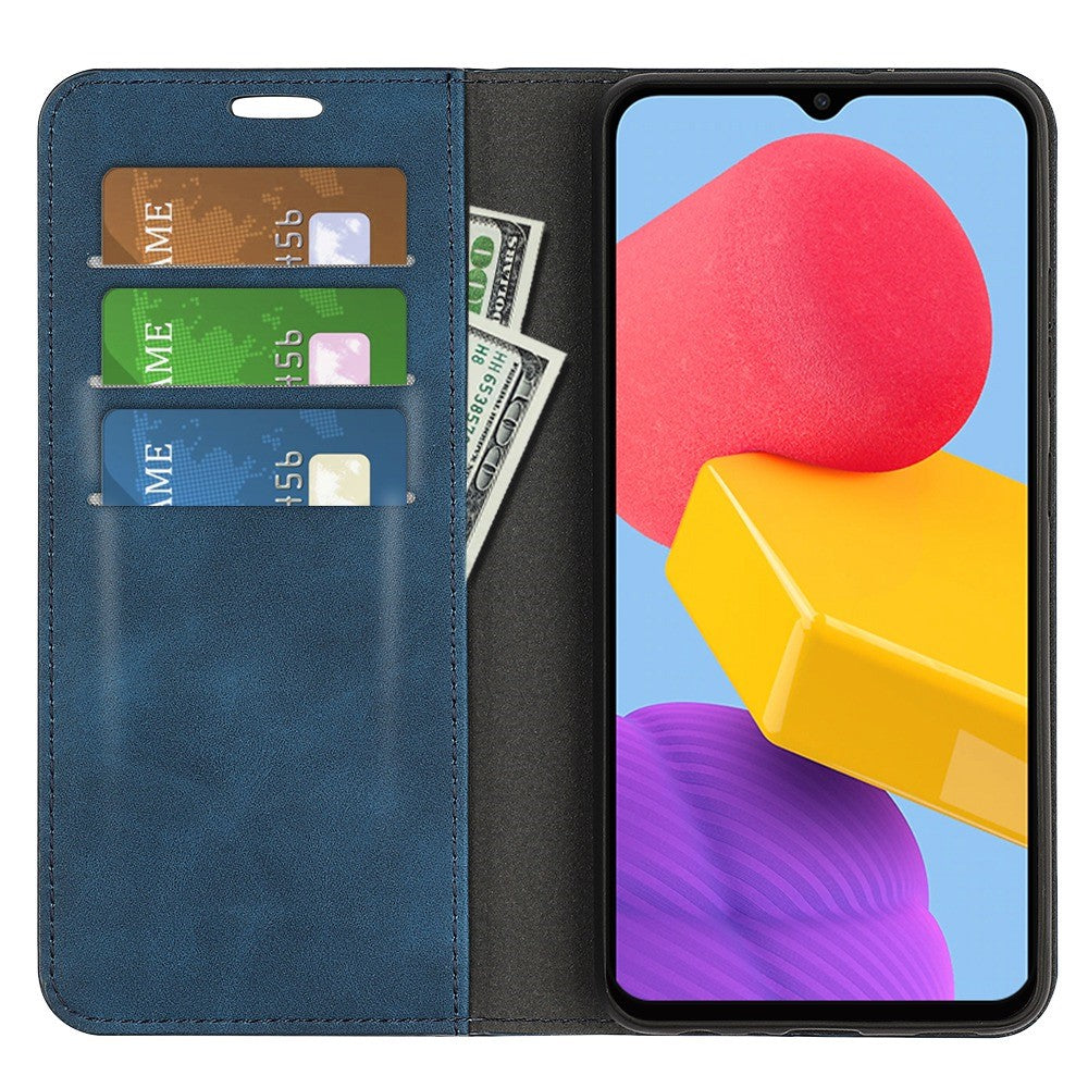 For Samsung Galaxy M13 4G Skin-touch PU Leather Phone Case Auto Closure Magnetic Folio Flip Cover with Wallet Stand - Blue