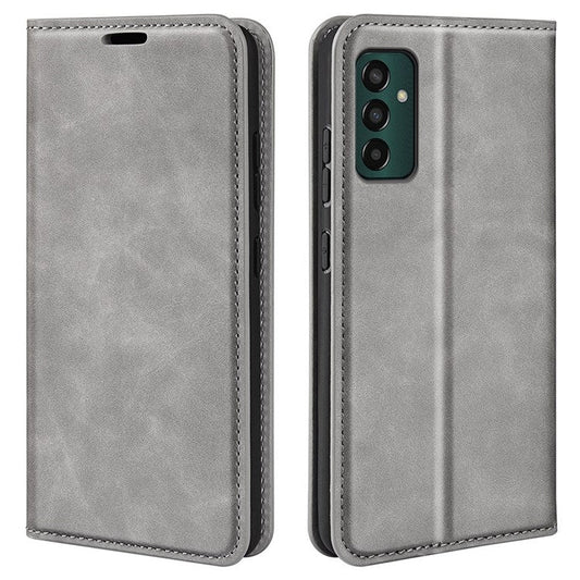 For Samsung Galaxy M13 4G Skin-touch PU Leather Phone Case Auto Closure Magnetic Folio Flip Cover with Wallet Stand - Grey