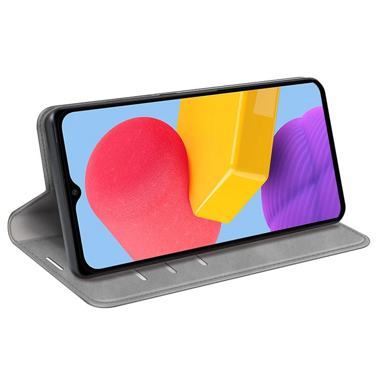 For Samsung Galaxy M13 4G Skin-touch PU Leather Phone Case Auto Closure Magnetic Folio Flip Cover with Wallet Stand - Grey