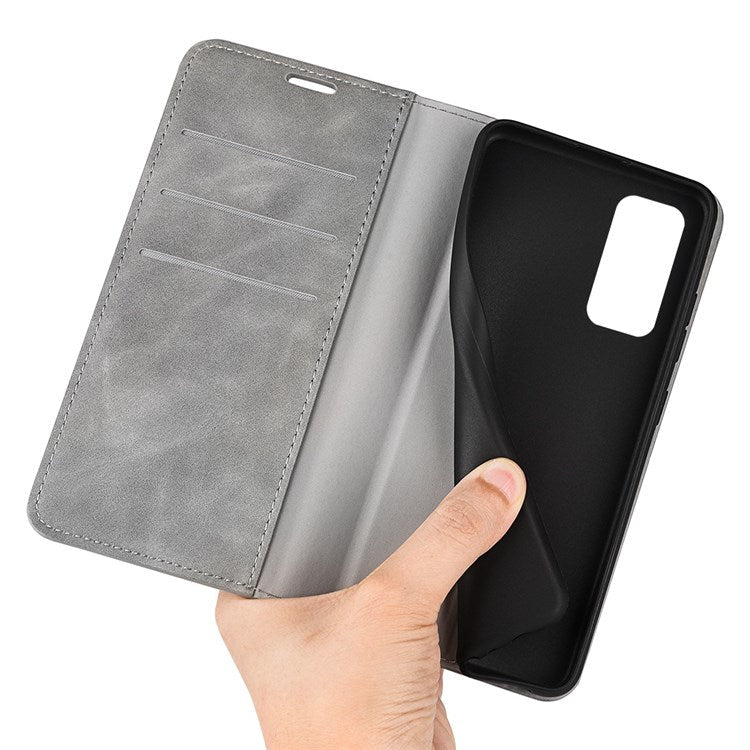 For Samsung Galaxy M13 4G Skin-touch PU Leather Phone Case Auto Closure Magnetic Folio Flip Cover with Wallet Stand - Grey