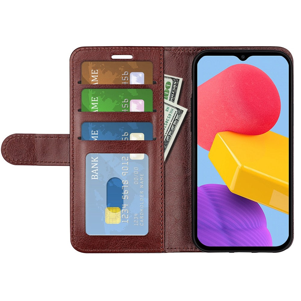 For Samsung Galaxy M13 4G Crazy Horse Texture PU Leather Wallet Stand Case Drop-proof Protection Phone Cover - Brown
