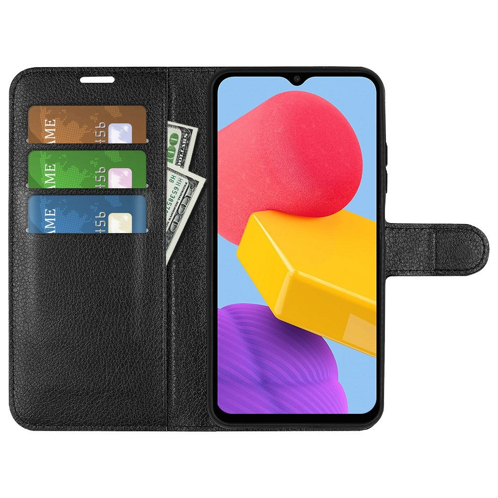 For Samsung Galaxy M13 4G Anti-scratch Litchi Texture PU Leather Case, Shockproof Wallet Stand Folio Flip Phone Cover - Black