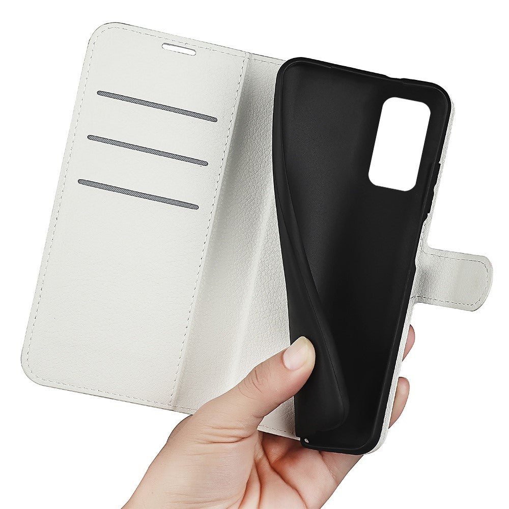 For Samsung Galaxy M13 4G Anti-scratch Litchi Texture PU Leather Case, Shockproof Wallet Stand Folio Flip Phone Cover - White