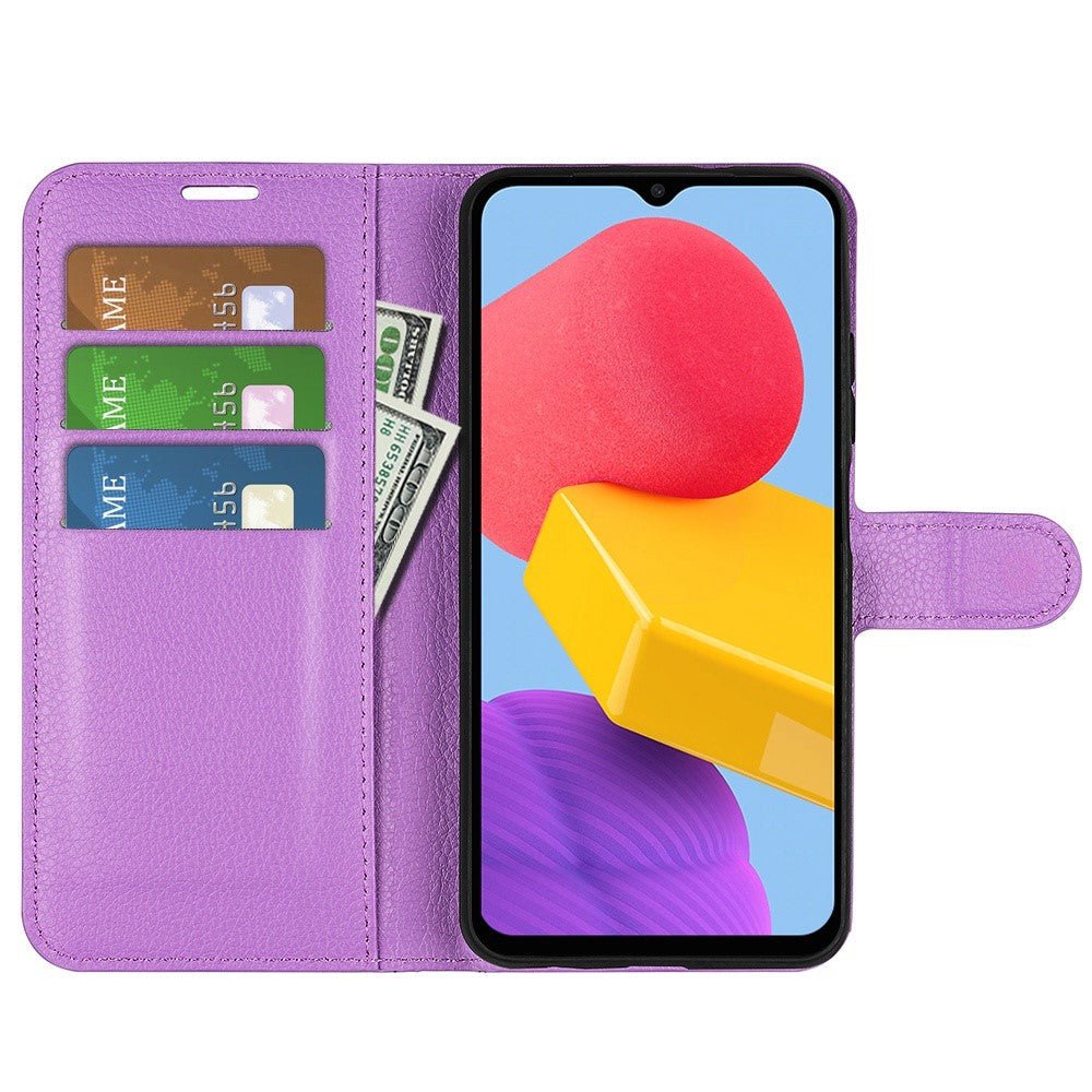 For Samsung Galaxy M13 4G Anti-scratch Litchi Texture PU Leather Case, Shockproof Wallet Stand Folio Flip Phone Cover - Purple