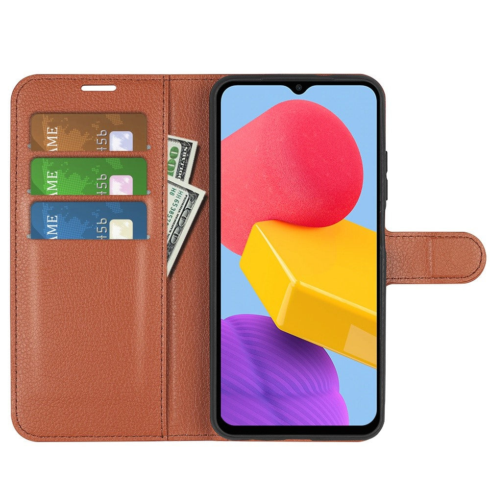 For Samsung Galaxy M13 4G Anti-scratch Litchi Texture PU Leather Case, Shockproof Wallet Stand Folio Flip Phone Cover - Brown
