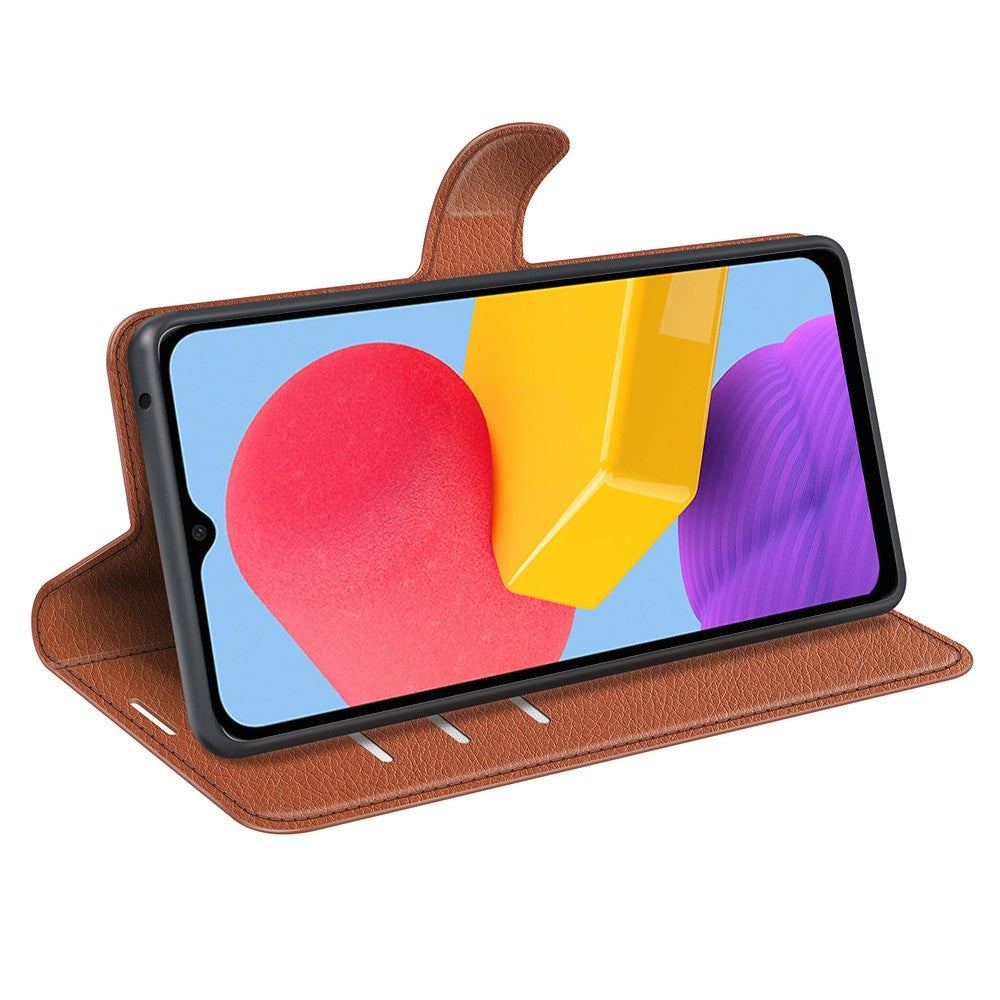 For Samsung Galaxy M13 4G Anti-scratch Litchi Texture PU Leather Case, Shockproof Wallet Stand Folio Flip Phone Cover - Brown