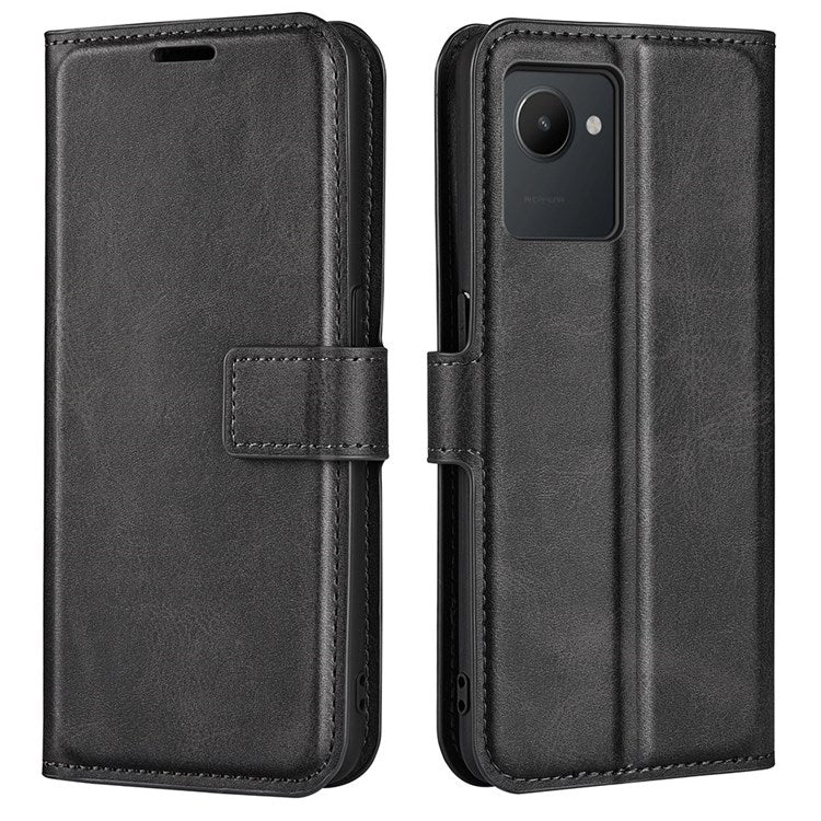 Square Magnetic Clasp Phone Case for Realme C30 4G, Textured PU Leather + TPU Wallet Stand Cover - Black
