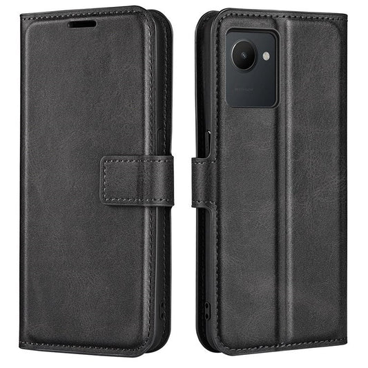 Square Magnetic Clasp Phone Case for Realme C30 4G, Textured PU Leather + TPU Wallet Stand Cover - Black
