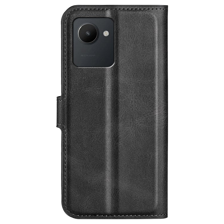Square Magnetic Clasp Phone Case for Realme C30 4G, Textured PU Leather + TPU Wallet Stand Cover - Black