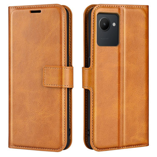 Square Magnetic Clasp Phone Case for Realme C30 4G, Textured PU Leather + TPU Wallet Stand Cover - Yellow