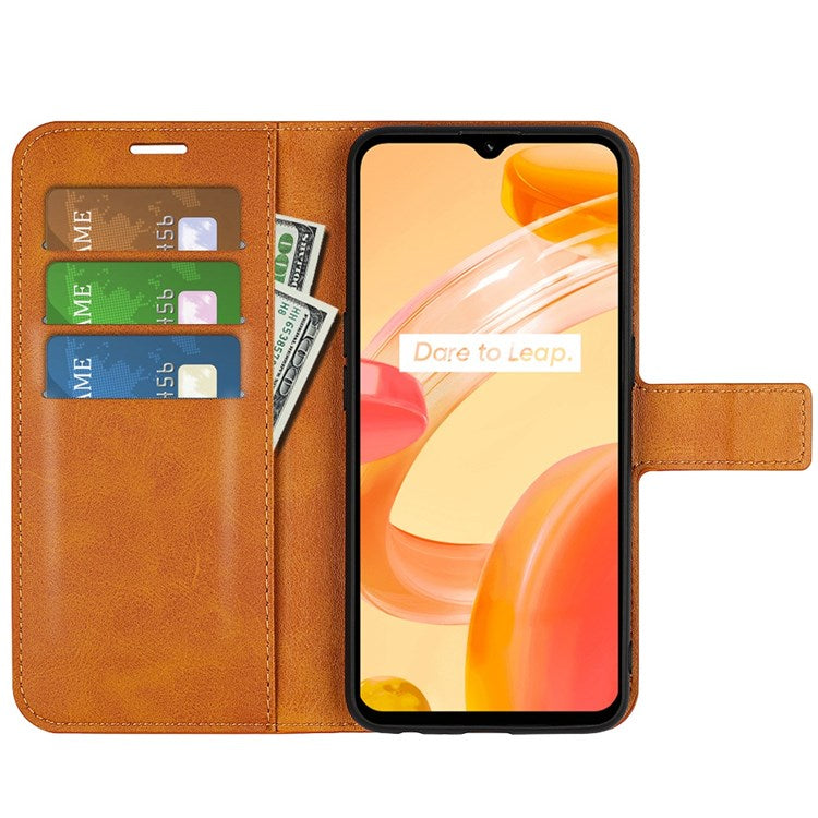 Square Magnetic Clasp Phone Case for Realme C30 4G, Textured PU Leather + TPU Wallet Stand Cover - Yellow