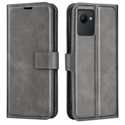 Square Magnetic Clasp Phone Case for Realme C30 4G, Textured PU Leather + TPU Wallet Stand Cover - Grey