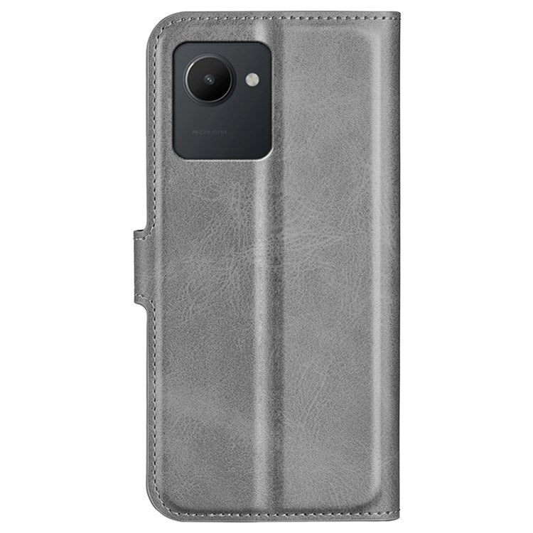 Square Magnetic Clasp Phone Case for Realme C30 4G, Textured PU Leather + TPU Wallet Stand Cover - Grey