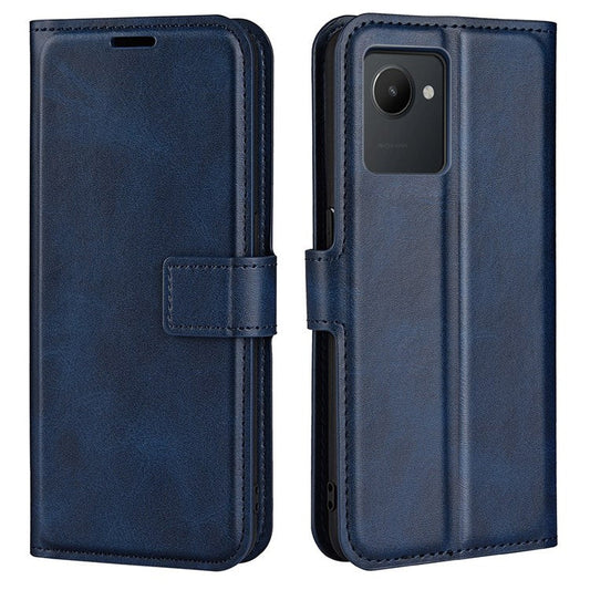 Square Magnetic Clasp Phone Case for Realme C30 4G, Textured PU Leather + TPU Wallet Stand Cover - Blue