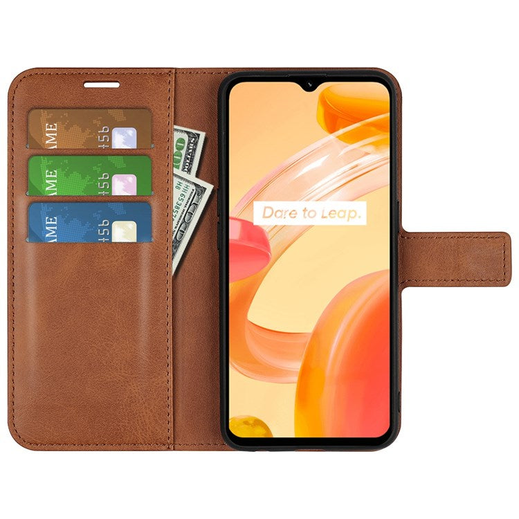Square Magnetic Clasp Phone Case for Realme C30 4G, Textured PU Leather + TPU Wallet Stand Cover - Light Brown