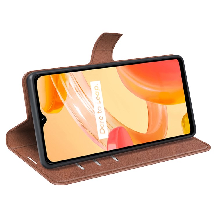 Square Magnetic Clasp Phone Case for Realme C30 4G, Textured PU Leather + TPU Wallet Stand Cover - Light Brown