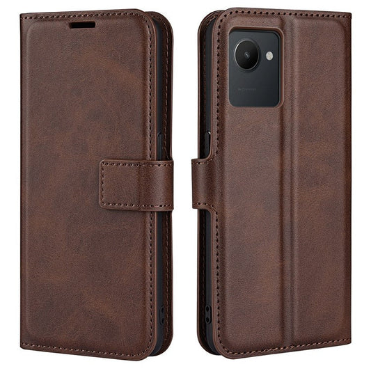 Square Magnetic Clasp Phone Case for Realme C30 4G, Textured PU Leather + TPU Wallet Stand Cover - Brown