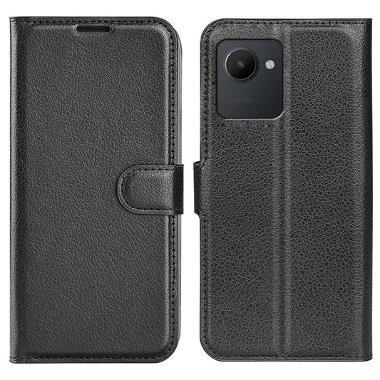 For Realme C30 4G Litchi Texture PU Leather Stand Phone Case Anti-scratch Wallet Protective Cover - Black