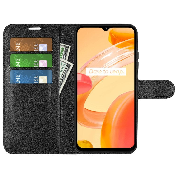 For Realme C30 4G Litchi Texture PU Leather Stand Phone Case Anti-scratch Wallet Protective Cover - Black