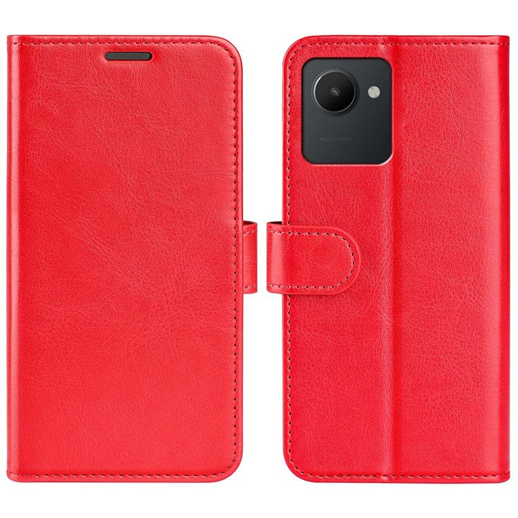 For Realme C30 4G Crazy Horse Texture Folio Flip Phone Case PU Leather Wallet Stand Protective Cover - Red