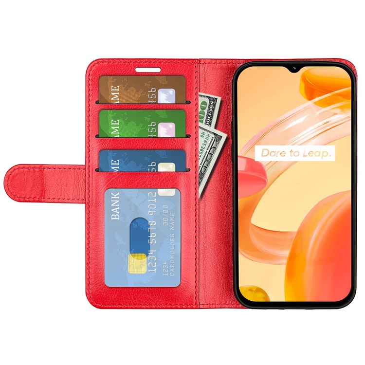 For Realme C30 4G Crazy Horse Texture Folio Flip Phone Case PU Leather Wallet Stand Protective Cover - Red