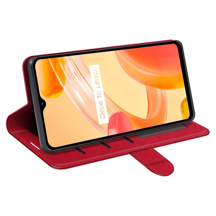 For Realme C30 4G Crazy Horse Texture Folio Flip Phone Case PU Leather Wallet Stand Protective Cover - Red