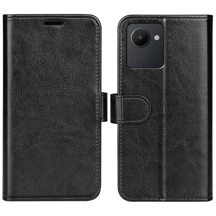For Realme C30 4G Crazy Horse Texture Folio Flip Phone Case PU Leather Wallet Stand Protective Cover - Black