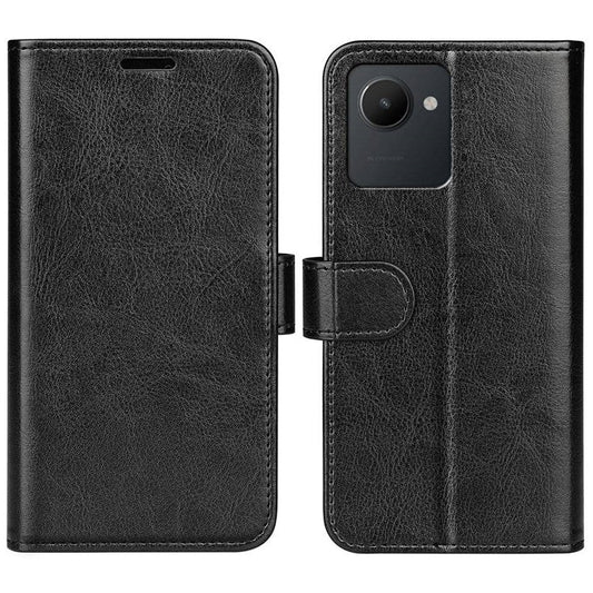 For Realme C30 4G Crazy Horse Texture Folio Flip Phone Case PU Leather Wallet Stand Protective Cover - Black