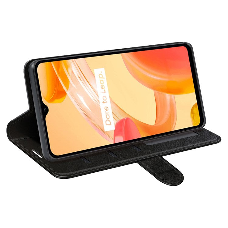 For Realme C30 4G Crazy Horse Texture Folio Flip Phone Case PU Leather Wallet Stand Protective Cover - Black