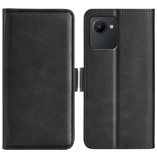 For Realme C30 4G Double Magnetic Clasp Textured PU Leather Folio Flip Phone Case Wallet Stand Cover - Black
